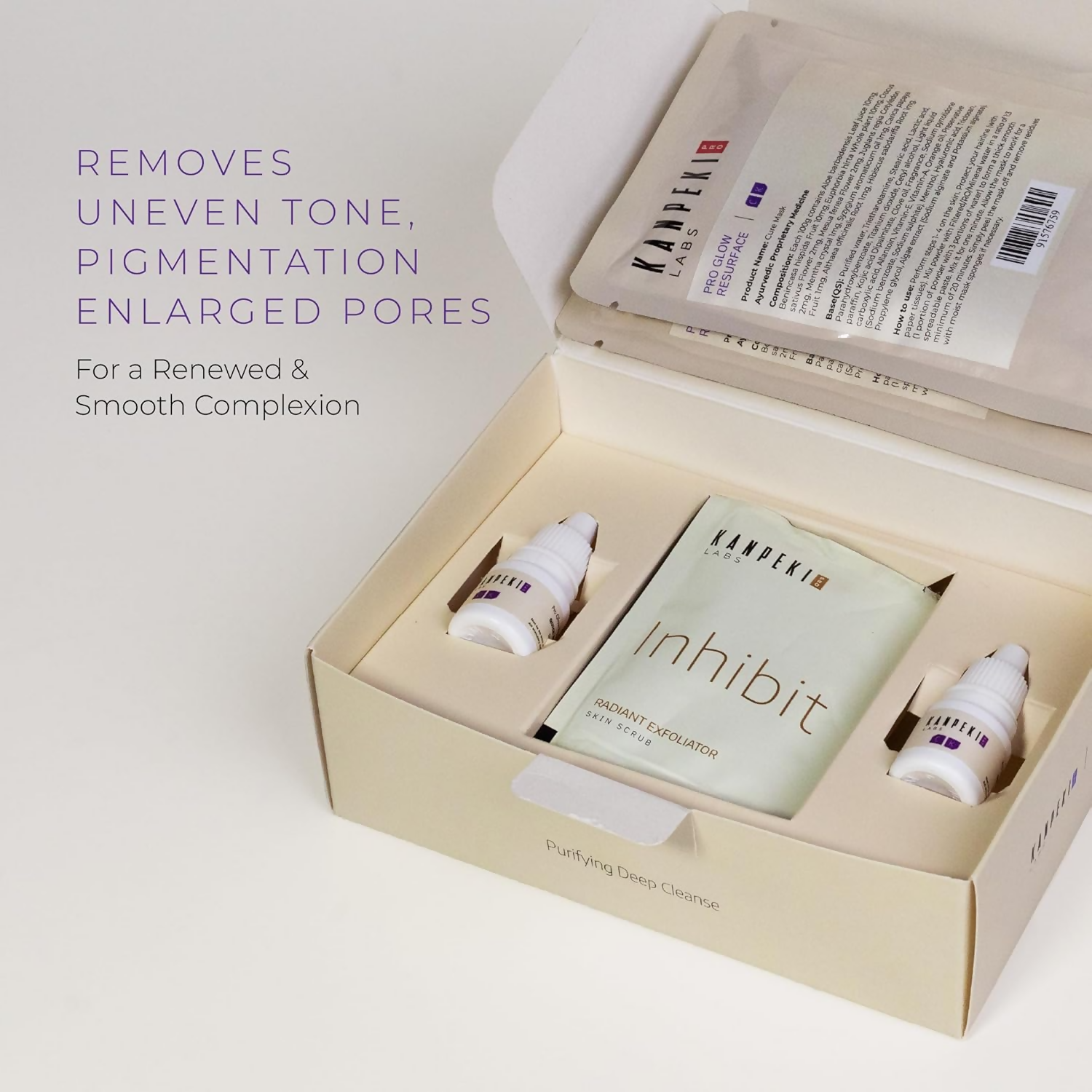 Kanpeki Pro Glow Resurface 5-step facial kit with skincare products and tools for a professional-grade facial treatment.