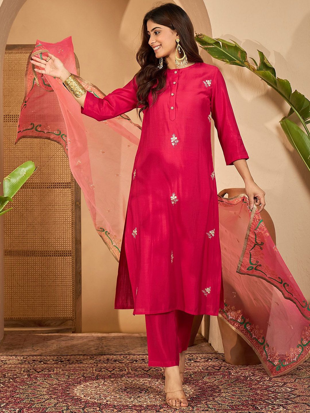 Indyancart SN Women's Embroidered Gota Work Straight Kurta & Trousers With Dupatta