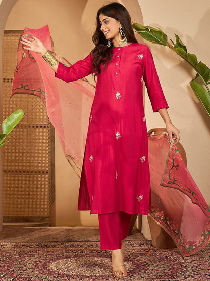 Indyancart SN Women's Embroidered Gota Work Straight Kurta & Trousers With Dupatta