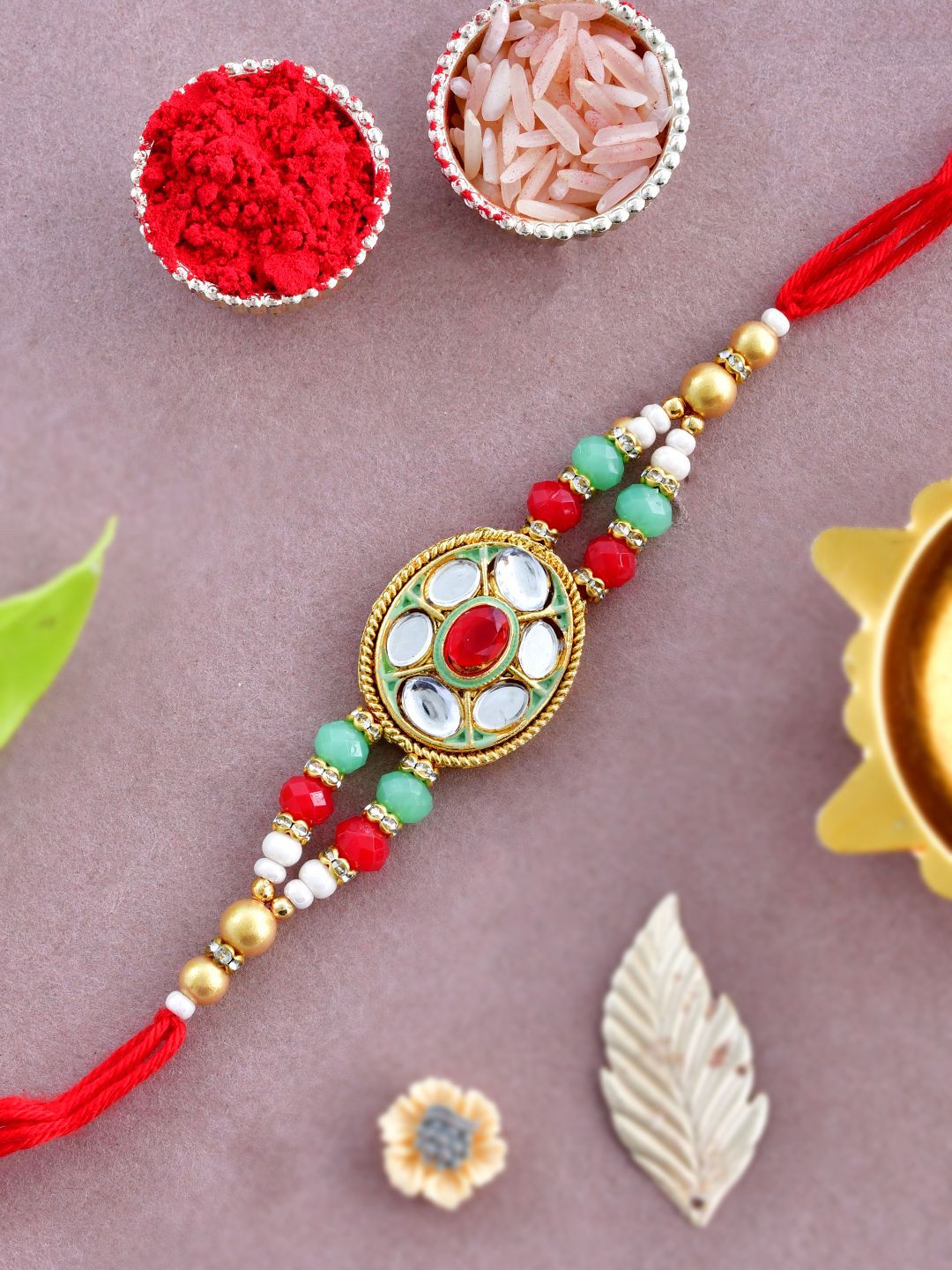 Anouk Gold-Toned Kundan-Studded & Beaded Rakhi With Roli Chawal & Greeting Card