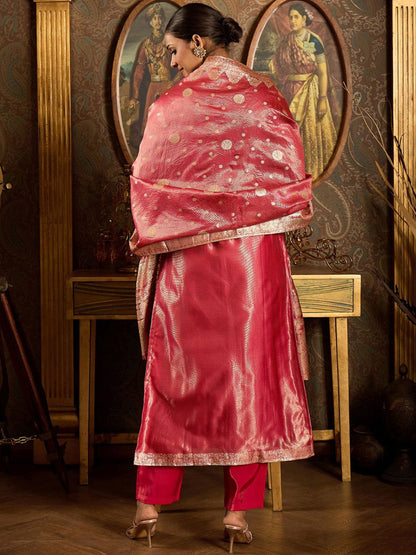 Dhiyona IE V-Neck Ethnic Motifs Woven Design Straight Kurta with Trouser & Dupatta