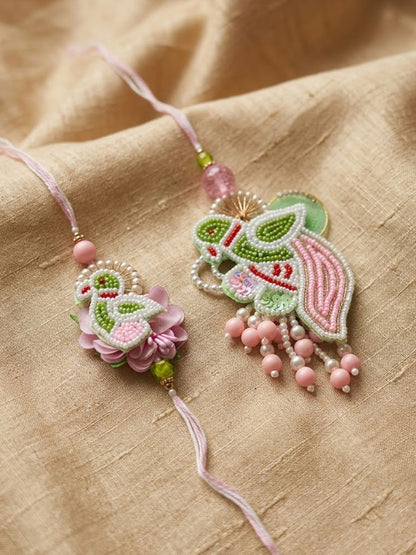 Anouk Set Of 2 Leaf Design Pearls & Artificial Stones Bhaiya Bhabhi Rakhi With Roli Chawal