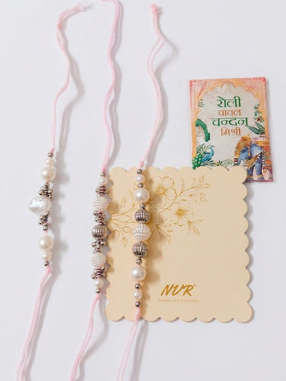 Anouk Set Of 3 White Pearls Thread Rakhi With Roli Chawal Chandan Mishri