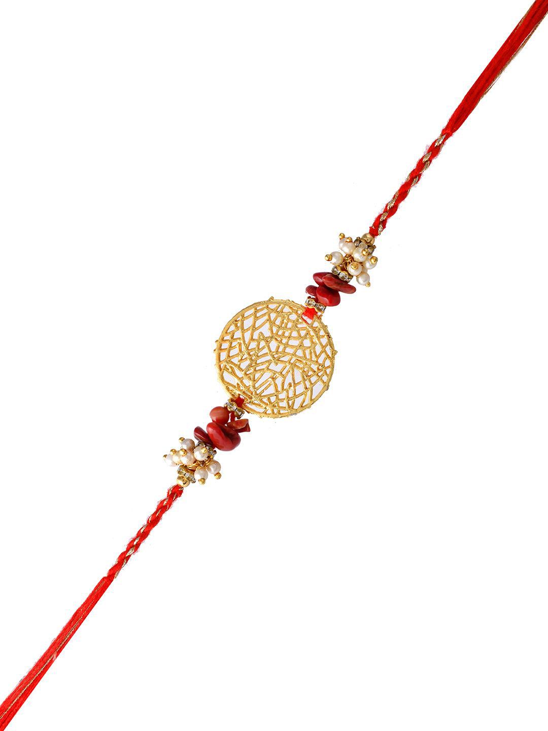 Anouk Gold-Toned Pearl-Beaded Rakhi With Roli Chawal & Greeting Card
