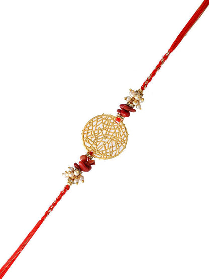 Anouk Gold-Toned Pearl-Beaded Rakhi With Roli Chawal & Greeting Card