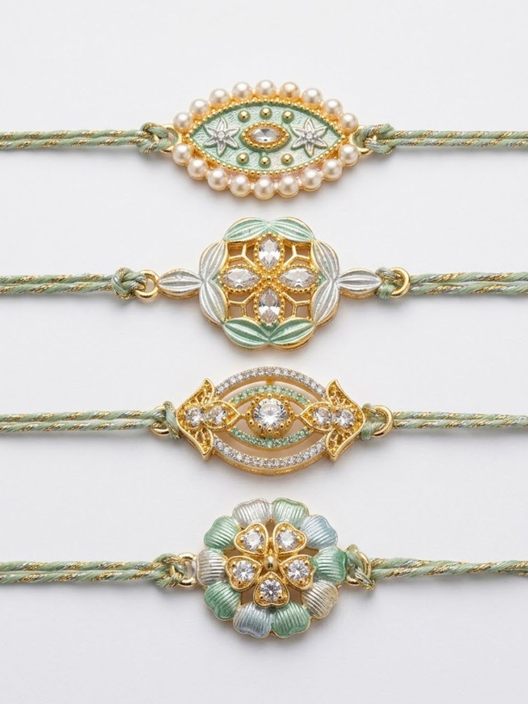 Anouk Set Of 4 White Artificial Stones & Green Thread Rakhi