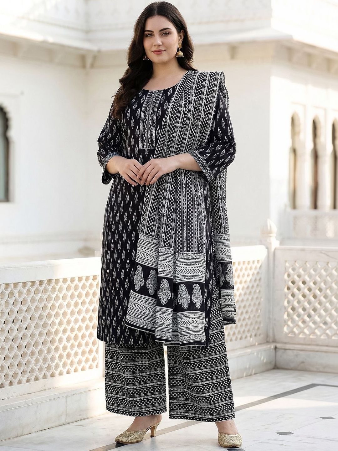 Indyancart Women's Ethnic Motifs Printed Regular Pure Cotton Kurta with Palazzos & With Dupatta