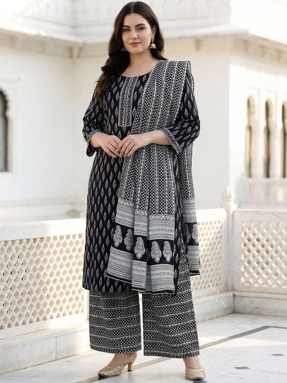Indyancart Women's Ethnic Motifs Printed Regular Pure Cotton Kurta with Palazzos & With Dupatta