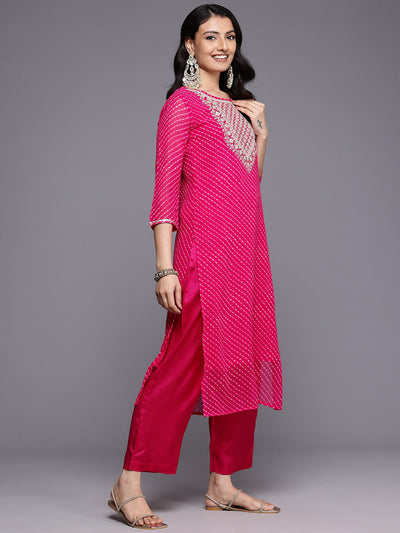Indyancart VR Women's Pink Bandhani Zari And Sequins Embroidered Kurta Set With Dupatta
