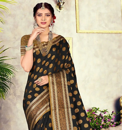 Indyancart GR Women's GJ Black Diamond Carbon Black Zari Woven Design Cotton Blend Saree
