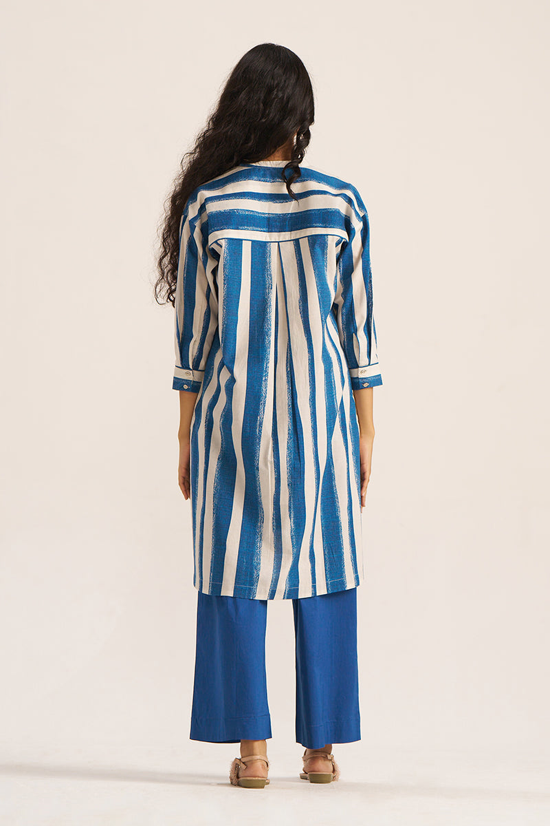 Women's Blue and Cream Stripe Print Co-ord Set