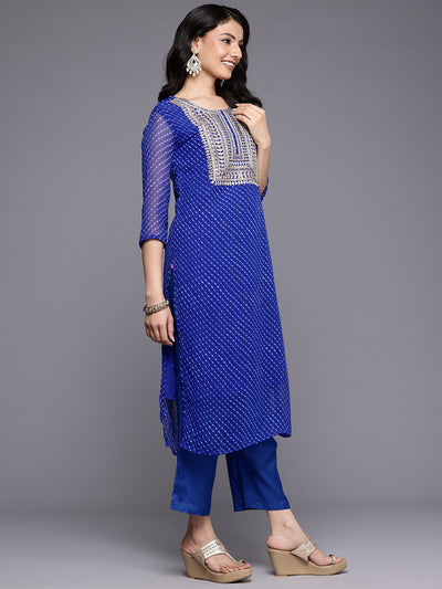 Indyancart VR Women's Navy Blue Bandhani Zari Emboridered Kurta Set With Dupatta