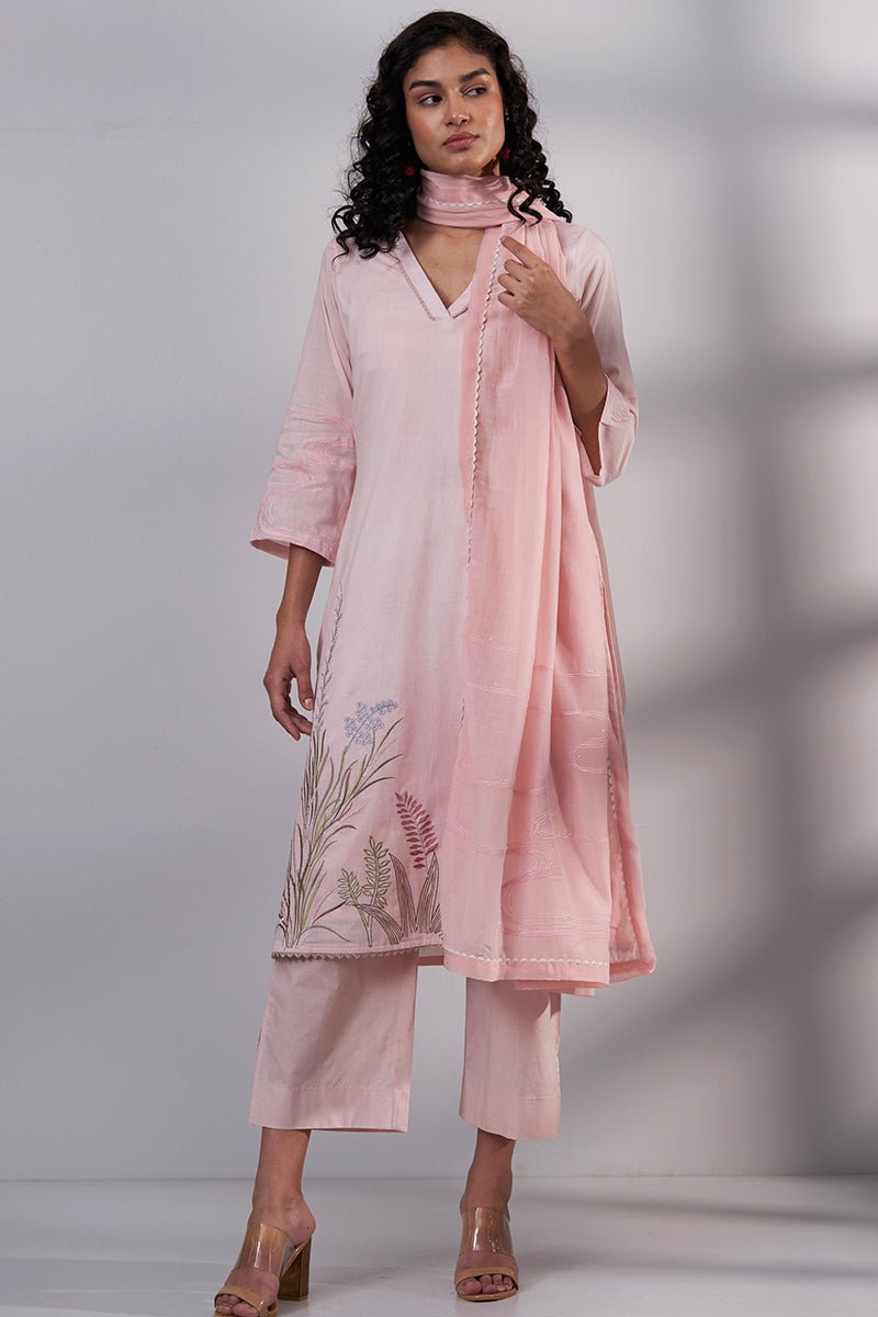 Women's Pink Embroidered Cotton Kurta With Viscose Chanderi Embroidered Dupatta