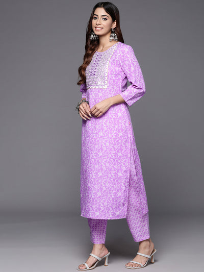 Indyancart VR Women's Lavender Floral Printed Embroidered Kurta Paired With Bottom And Dupatta