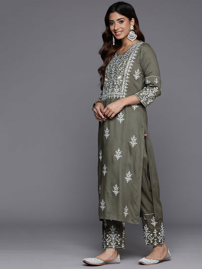 Indyancart VR Women's Olive Embroidered Kurta Paired With Tonal Trouser And Dupatta