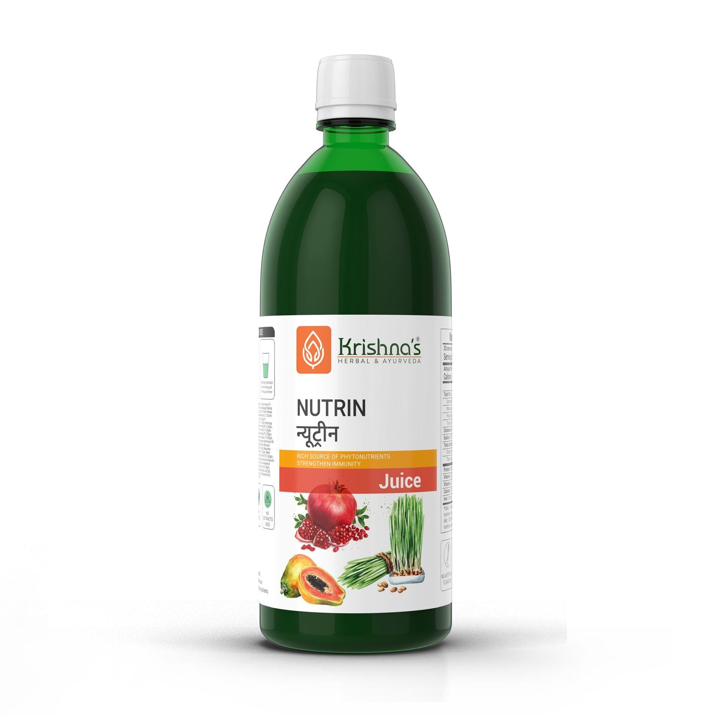 Bottle of Krishna's Herbal & Ayurveda Nutrin Juice, an Ayurvedic drink with herbal ingredients, displayed on a wooden surface.