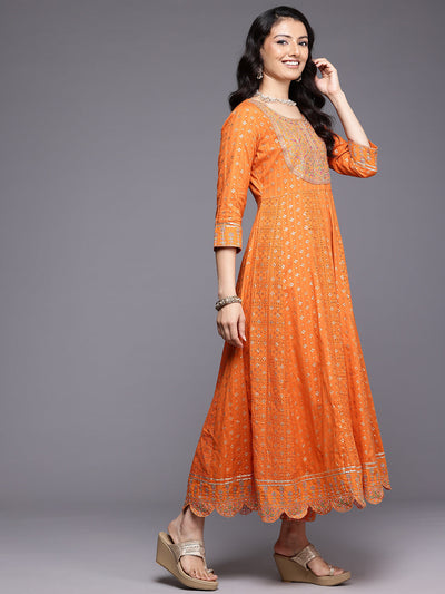 Indyancart VR Women's Orange Mirror And Thread Embroidered,Zari Embellished Scalloped Schiffli Anarkali Kurta Paired Wirh Printed Bottom And Embroidered Dupatta