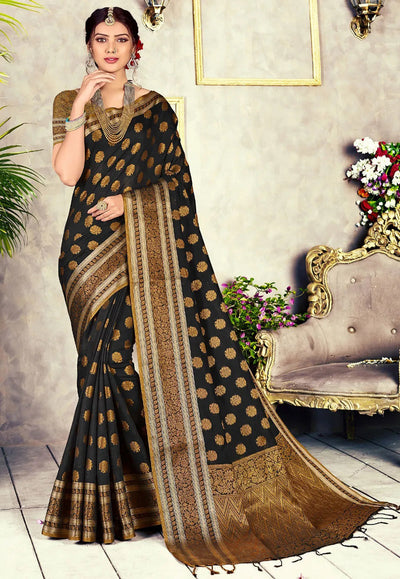 Indyancart GR Women's GJ Black Diamond Carbon Black Zari Woven Design Cotton Blend Saree