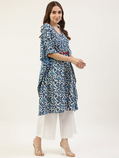 Women's Floral Printed Blue Cotton Kaftan