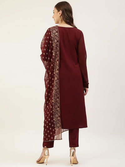 Women's Maroon Poly Crepe A-Line Kurta Set With Dupatta
