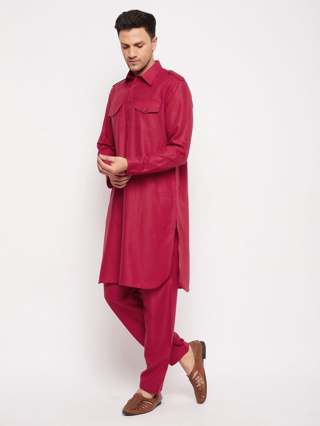 Men's Maroon Cotton Blend Pathani Pathani Kurta Set