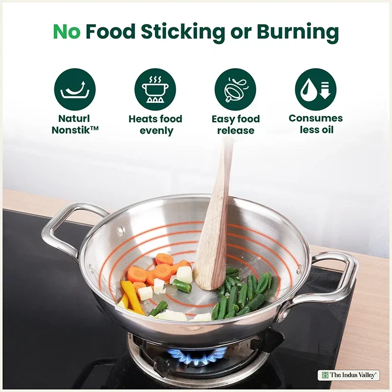 The Indus Valley TurboCuk Tri-ply Stainless Steel Kadai+ Steel Lid, Premium Quality, 3 Layer Thick Body, 100% Toxin-free, Non-stick, Induction & Gas, 3L/3.5L/3.9L/4.5L