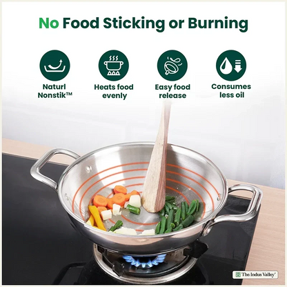 The Indus Valley TurboCuk Tri-ply Stainless Steel Kadai+ Steel Lid, Premium Quality, 3 Layer Thick Body, 100% Toxin-free, Non-stick, Induction & Gas, 3L/3.5L/3.9L/4.5L