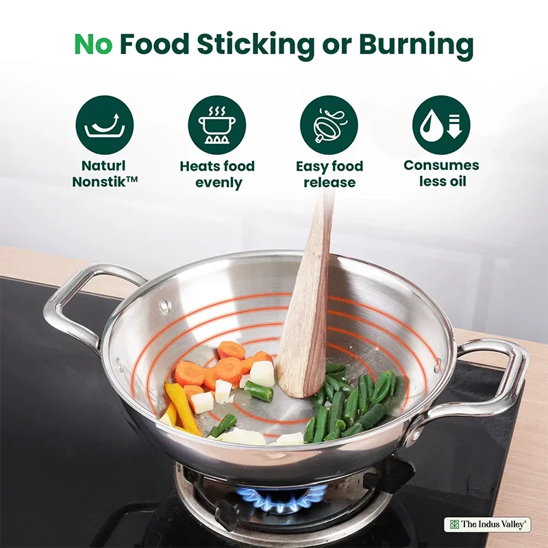 The Indus Valley TurboCuk Tri-ply Stainless Steel Kadai, Premium Quality, 3 Layer Thick Body, 100% Toxin-free, Non-stick, Induction & Gas, Free ₹110 Spatula, 1.7/2.7/3.5L