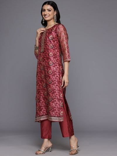 Indyancart VR Women's Maroon Floral Printed Kurta, Round Neck Straight Kurta Paired With Tonal Bottom And Printed Dupatta