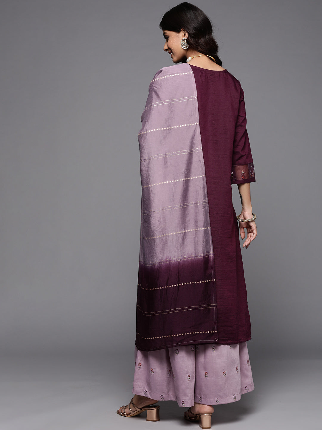 Indyancart VR Women's Embroidered Kurta Paired With Contrast Color Sharara And Dupatta