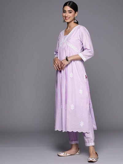 Indyancart VR Women's Lavender Embroidered A-Line Empire Kurta Paired With Tonal Bottom And Tonal Embroidered Dupatta