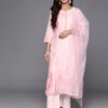 Dhiyona VR Women's Pink Abstract Straight Kurta Paired With Tonal Bottom And Organza Embroidered Dupatta