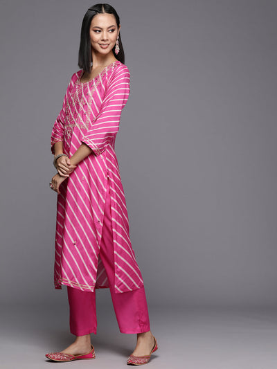 Indyancart VR Women's Pink Pure Fabric, Lehariya Embroidered Straight Kurta Paired With Tonal Bottom And Dupatta