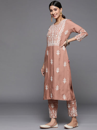 Indyancart VR Women's Mauve Embroidered Kurta Paired With Tonal Trouser And Dupatta
