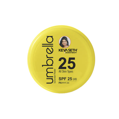 Keya Seth Aromatherapy umbrella sunscreen powder SPF 25 UVB PA+++ UVA with natural aromatic ingredients, compact and travel-friendly.