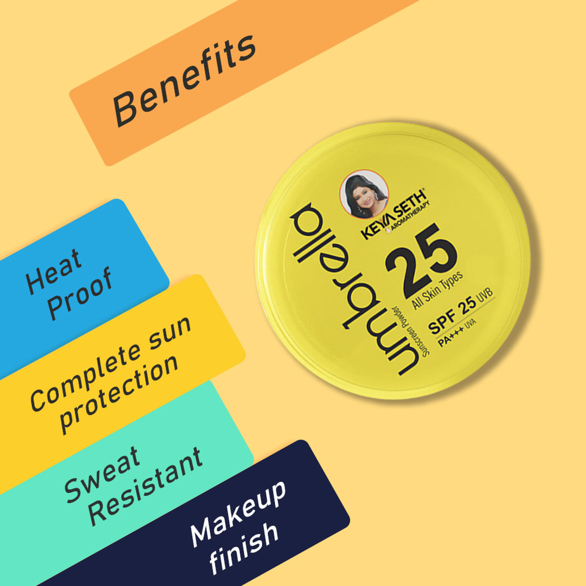 Keya Seth Aromatherapy umbrella sunscreen powder SPF 25 UVB PA+++ UVA with natural aroma and compact design, suitable for sun protection.