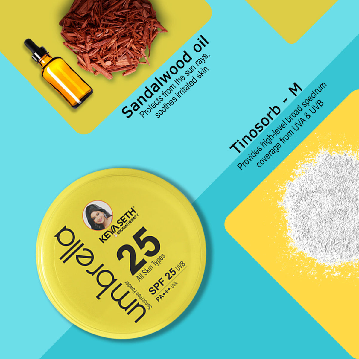 Keya Seth Aromatherapy umbrella sunscreen powder SPF 25 with UVB PA+++ UVA, compact container for face sun protection