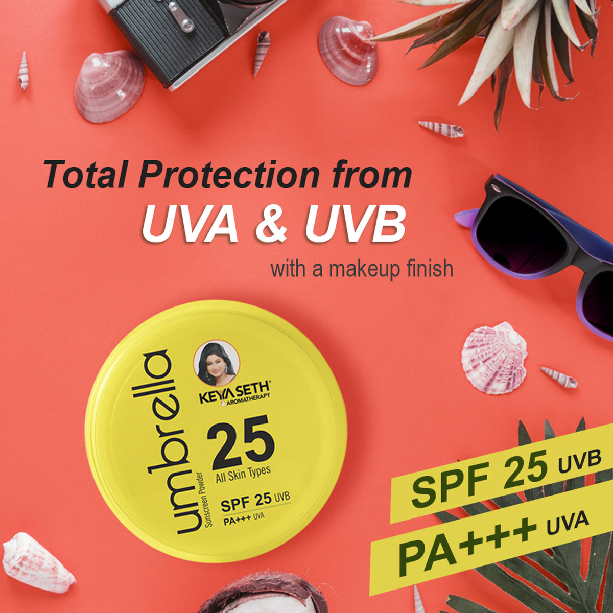 Keya Seth Aromatherapy sunscreen powder SPF 25 UVB PA+++ UVA with umbrella design, compact packaging, and aromatherapy ingredients.