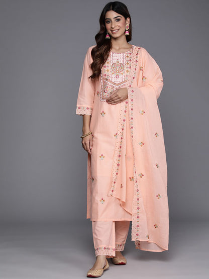 Indyancart VA Women'sFloral Embroidered Sequinned Pure Cotton Kurta with Trousers & Dupatta