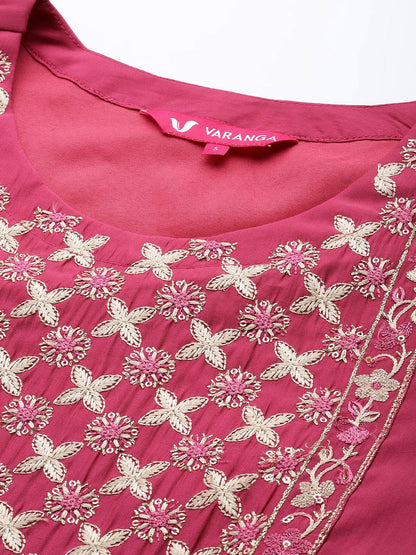 Indyancart VA Women's Pink Ethnic Motifs Embroidered Thread Work Kurta with Trousers & With Dupatta