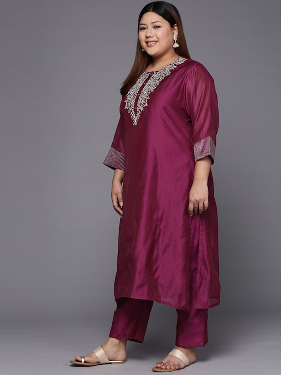 Indyancart VA Women's Magenta Yoke Design Sequinned Chanderi Silk Kurta with Trousers & Dupatta