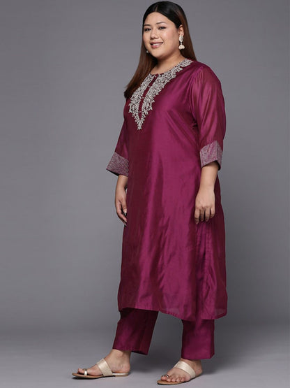 Indyancart VA Women's Magenta Yoke Design Sequinned Chanderi Silk Kurta with Trousers & Dupatta