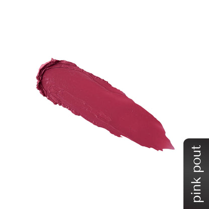 Bella Vita Organic Comfort Matte Bullet Lipstick in Pink Pout, showing the sleek lipstick tube and vibrant pink shade.