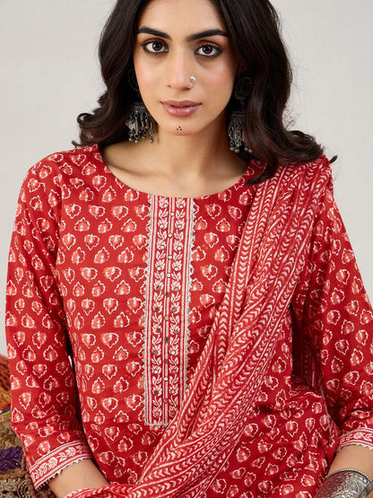 Indyancart IE Ethnic Motifs Printed Pure Cotton Straight Kurta With Trousers & Dupatta