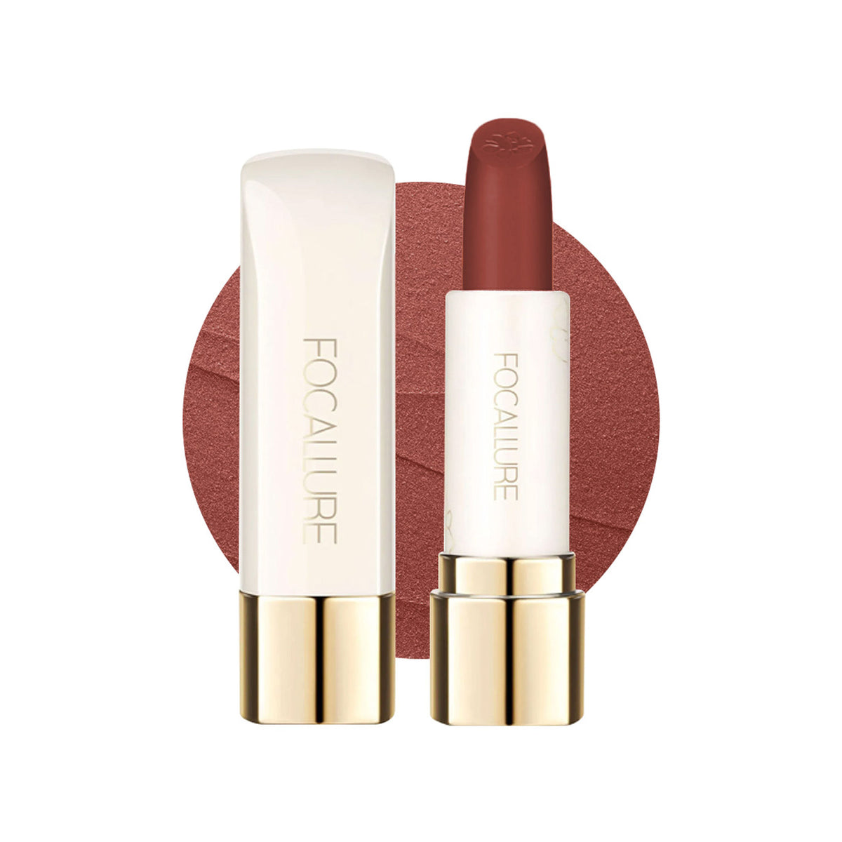Focallure FA203 Pure Matte Lipstick in shade 105, featuring a sleek tube and the lipstick partially twisted up for display.