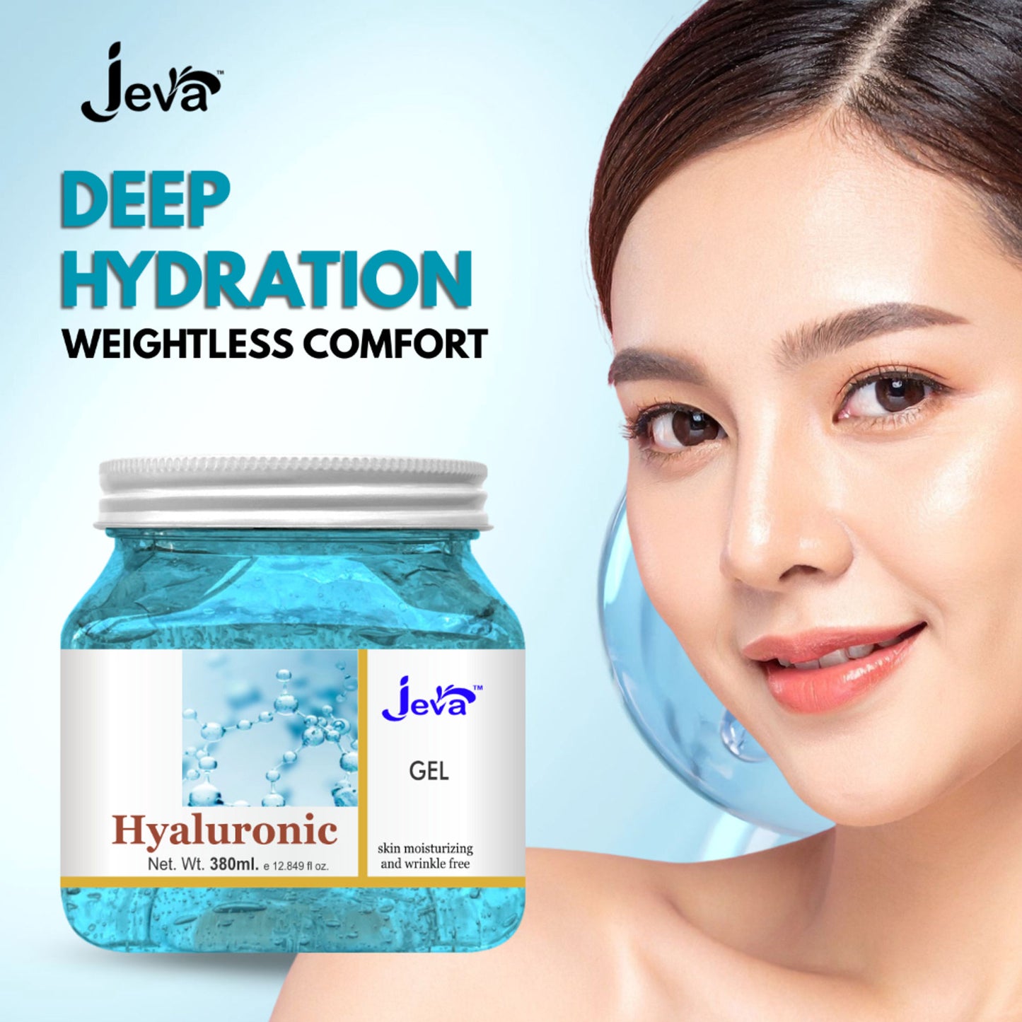 Jeva Hyaluronic Acid Face Moisturizer Hydrating Water Gel for All Skin Types, Deep Moisture Care