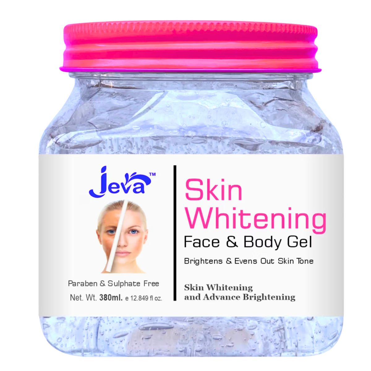 Jeva Skin Whitening & Brightening Instant Glow Gel for normal to dry skin, featuring hydrating radiance and a smooth, glowing finish.