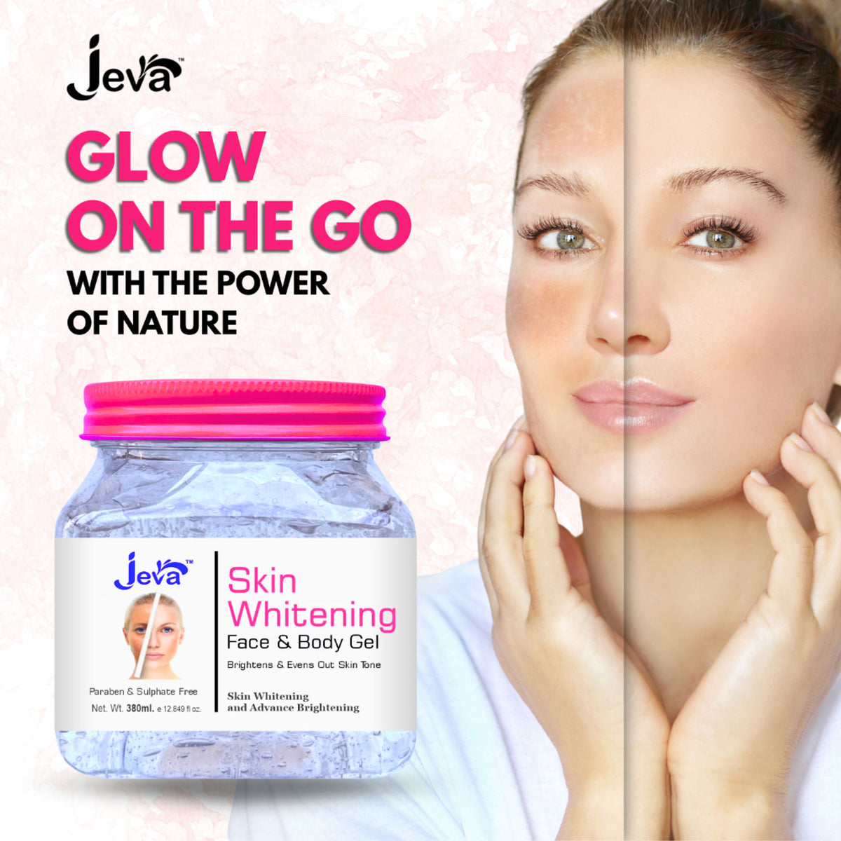 Jeva Skin Brightening Instant Glow Gel for normal to dry skin, hydrating and radiance-boosting skincare product.