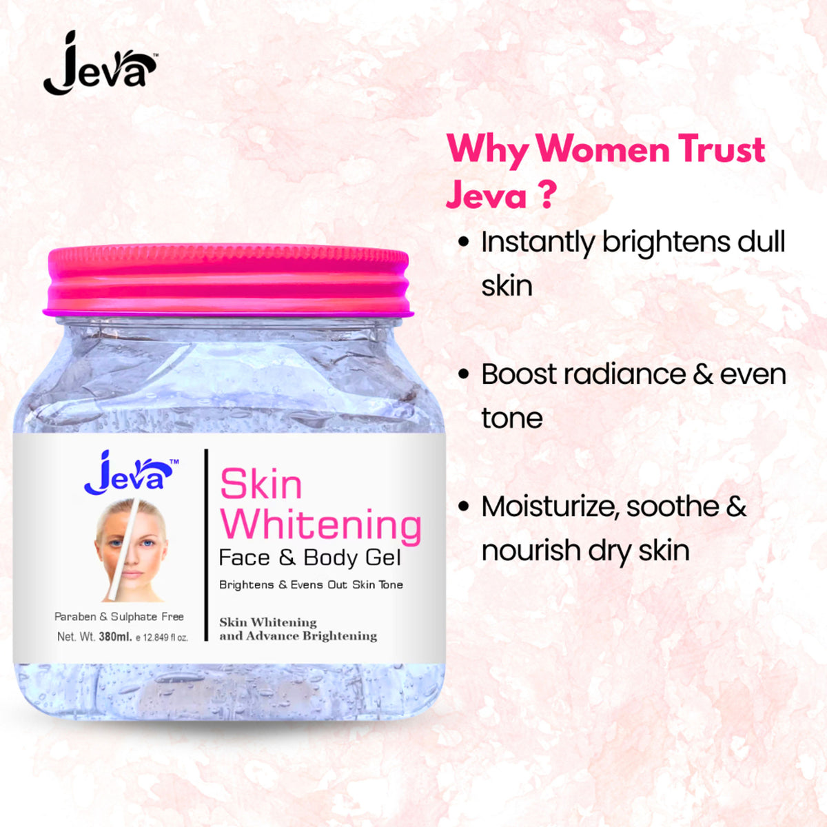 Jeva Skin Whitening & Brightening Instant Glow Gel for normal to dry skin, hydrating and enhancing radiance.