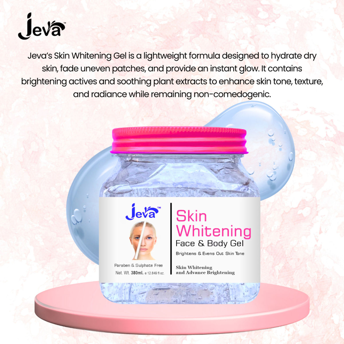 Jeva Skin Whitening & Brightening Instant Glow Gel for normal to dry skin, featuring hydrating radiance in a sleek tube.